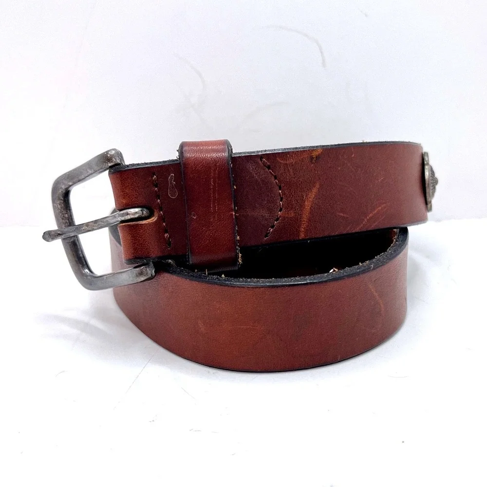 Brown Leather Whipstitch Belt Size 36 Made in Argentina Blue Green Stitch Concho